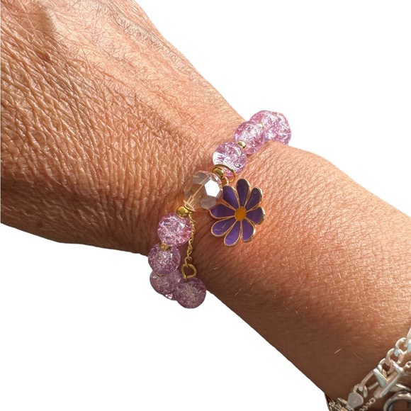 Light Purple and Gold Beaded Stretch Bracelet with Flower Charm - Picture 2 of 5